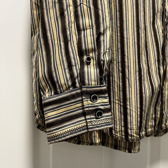 Tommy Bahama silk stripe long sleeve brown‎ blue yellow button up collar XL/TG - Picture 5 of 12